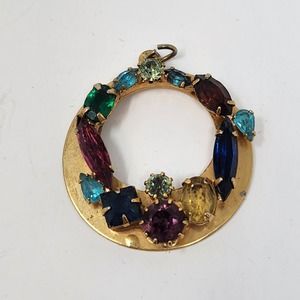 Multi Color Rhinestone Round Gold Tone Pendant Jewel Tones Prong Set Vintage